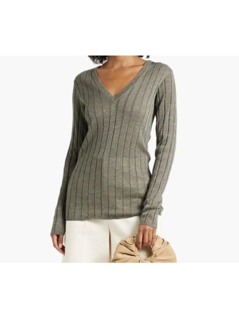 Brunello Cucinelli Women' Sz L Metallic Olive Green Ribbed Long Sleeve Sweater